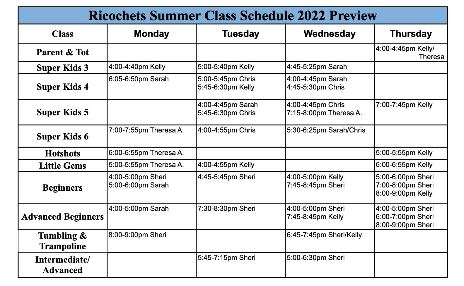 Class Schedule – Ricochets Gymnastics